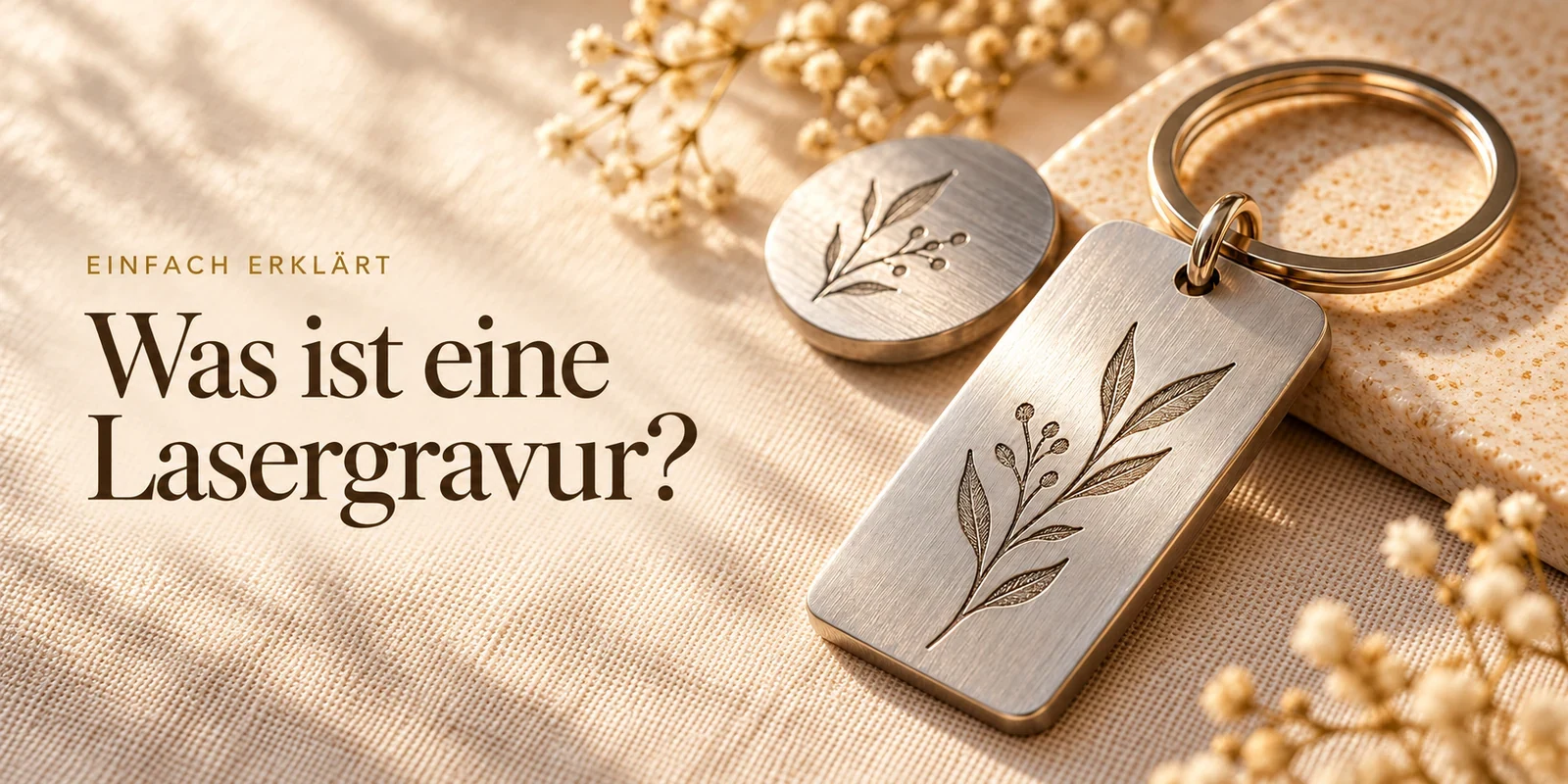 Illustrative Nahaufnahme eines gravierten Metallanhängers auf cremefarbenem Leinen mit der Frage zur Lasergravur